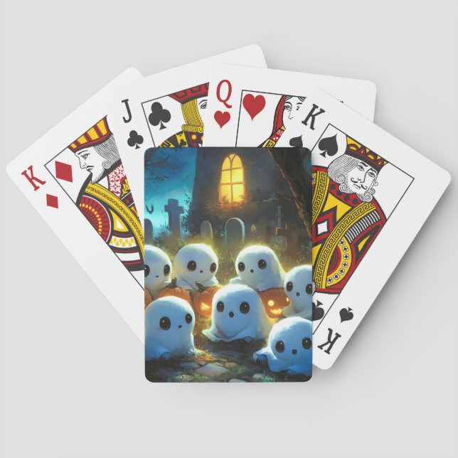 Spooky Night Cemetery Cute Halloween Ghost Poker Cards (Back)