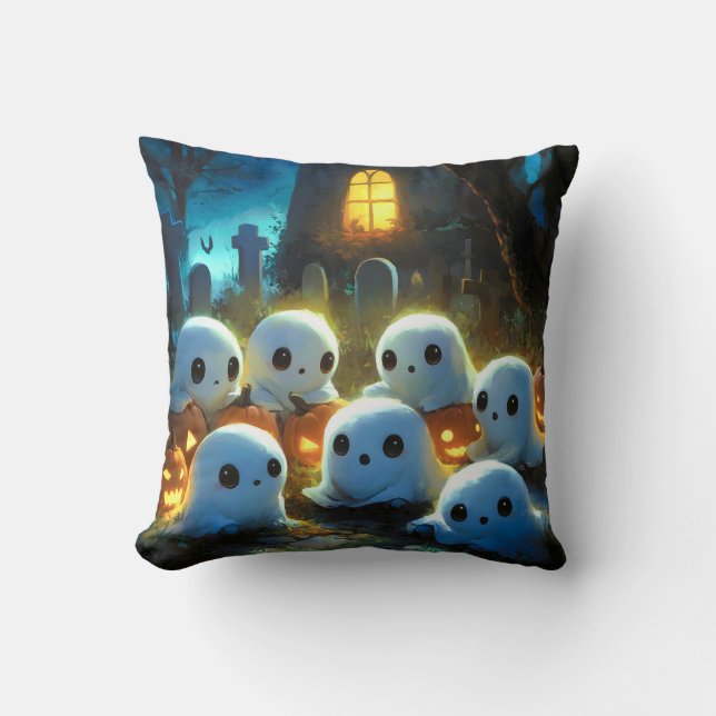 Spooky Night Cemetery Cute Halloween Ghost Throw Pillow (Front)