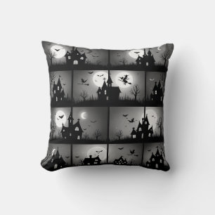 Spooky Night Haunted House Halloween Pattern Throw Pillow