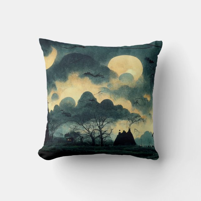 Spooky Night Landscape Throw Pillow (Front)
