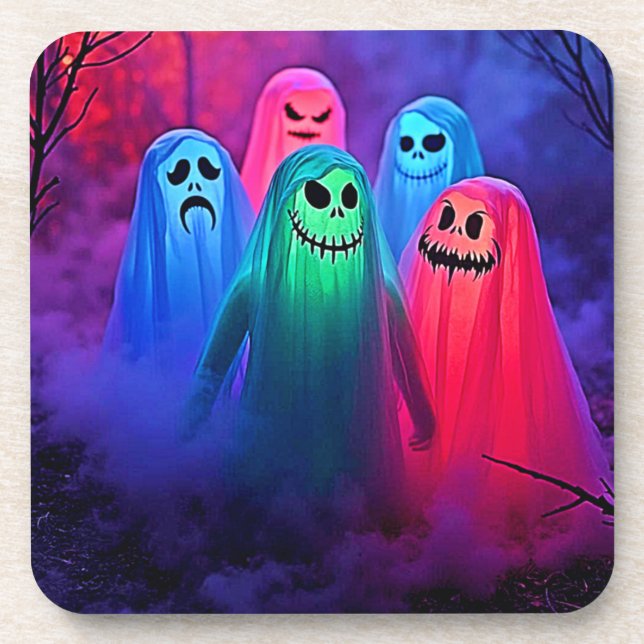 Spooky Night of Colorful Ghosts Design Beverage Coaster (Front)
