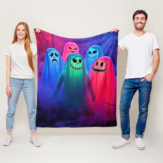 Spooky Night of Colorful Ghosts Design Fleece Blanket (In Situ)