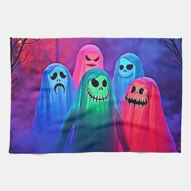 Spooky Night of Colorful Ghosts Design Kitchen Towel (Horizontal)