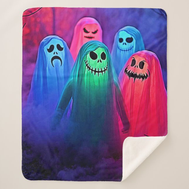 Spooky Night of Colorful Ghosts Design Sherpa Blanket (Front)