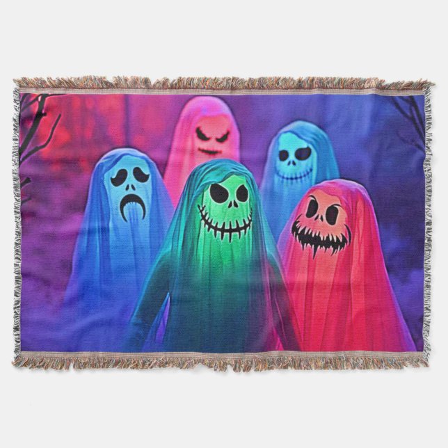 Spooky Night of Colorful Ghosts Design Throw Blanket (Front)