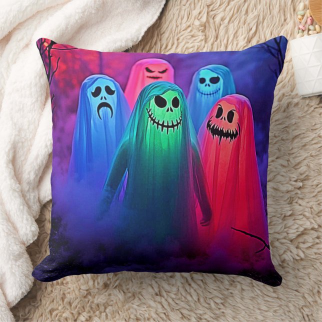 Spooky Night of Colorful Ghosts Design Throw Pillow (Blanket)
