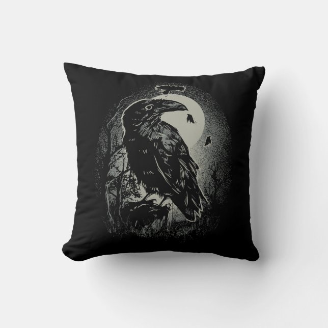 Spooky Night Raven Birds Illustration Throw Pillow (Front)