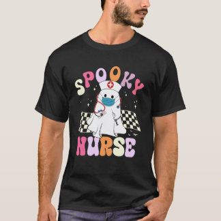 Spooky Nurse Ghost Groovy Women Girls Nurse Hallow T-Shirt