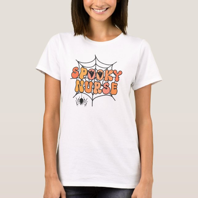 Spooky Nurse retro Halloween spider web ghosts T-Shirt (Front)
