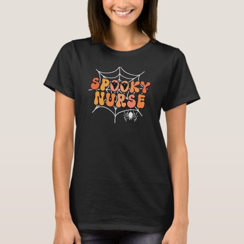 Spooky Nurse retro Halloween spider web ghosts T_Shirt