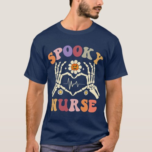 Spooky Nurse Skeleton Hand Heartbeat Groovy Retro  T_Shirt