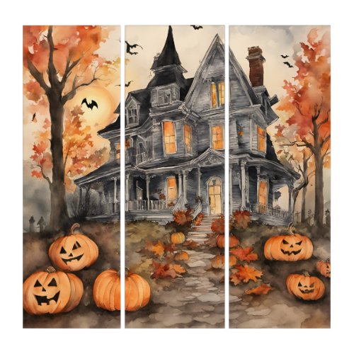 Spooky Old Halloween House AI Generated Triptych
