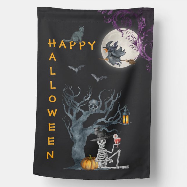 Spooky Old Tree With Skeleton - Happy Halloween House Flag (Front)
