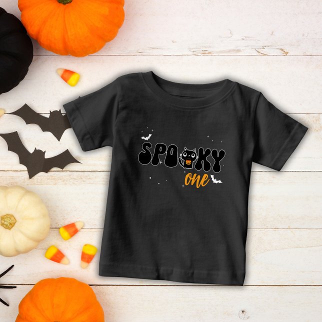 Spooky One 1st Birthday Cat Trick-or-Treating Baby T-Shirt (Creator Uploaded)