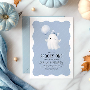 Spooky One 1st Birthday Ghost Blue Balloon Invitation