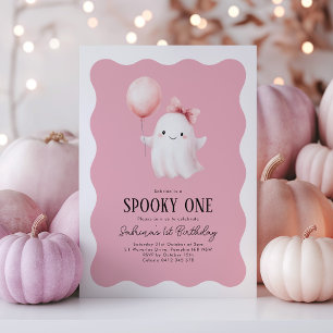 Spooky One 1st Birthday Ghost Pink Balloon Invitation