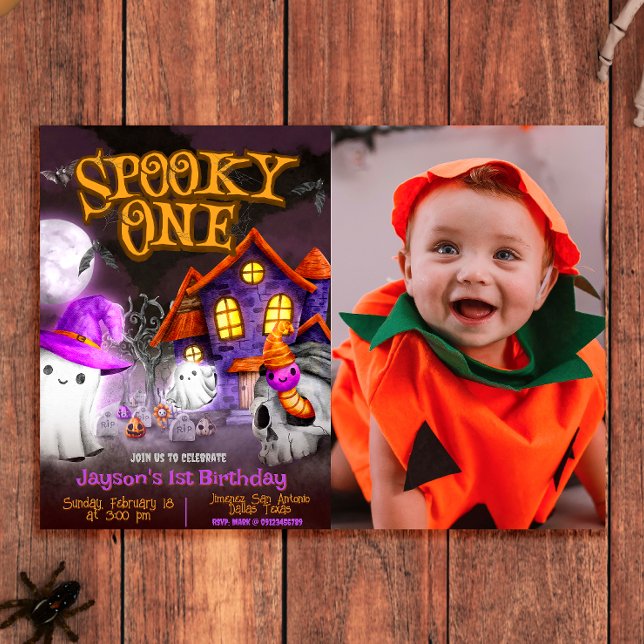 Spooky One - 1st Birthday with Photo Invitation (Spooky One - 1st Birthday Halloween Landscape Invitation with Photo)