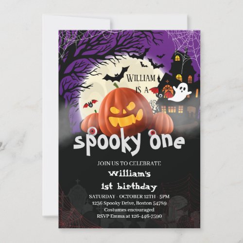 Spooky One bat Halloween  pumpkin 1st Birthday  Invitation