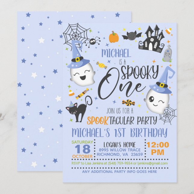 Spooky One Birthday Invitation - Blue (Front/Back)