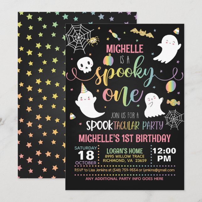 Spooky One Birthday Invitation - Girl (Blk/Pastel) (Front/Back)