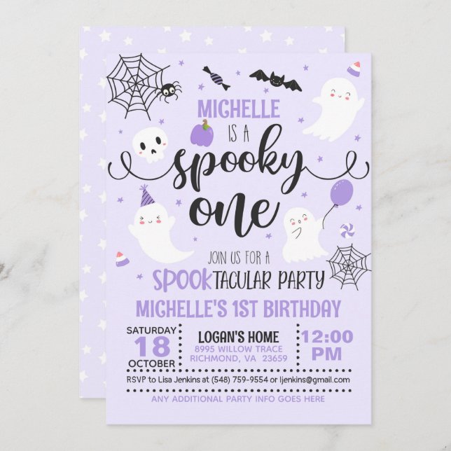 Spooky One Birthday Invitation - Girl (Purple) (Front/Back)