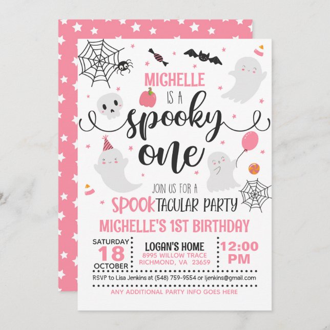 Spooky One Birthday Invitation - Girl (Wh/Pink) (Front/Back)