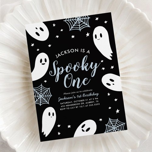 Spooky One Blue Ghost Halloween 1st Birthday Invitation