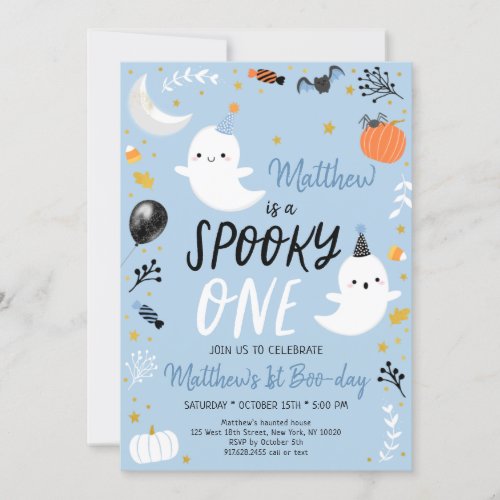 Spooky ONE Blue Ghost Halloween Birthday Invitation