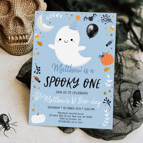 Spooky ONE Blue Ghost Halloween Birthday Invitation
