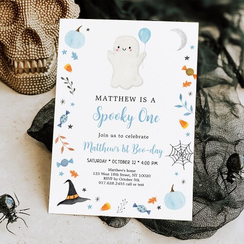 Spooky One Blue Ghost Halloween Birthday Invitation