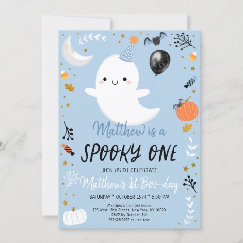 Spooky ONE Blue Ghost Halloween Birthday Invitation