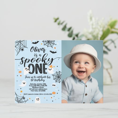 Spooky One Blue Ghost Halloween Invite with Photo