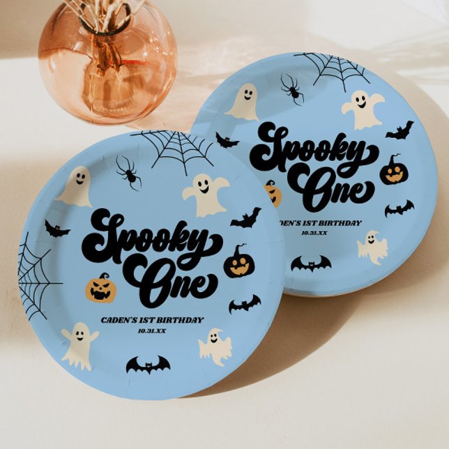 Spooky One Blue Halloween 1st Birthday Party Paper Plates (Creator Uploaded)