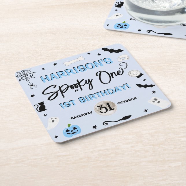 Spooky One! Boys Halloween 1st Birthday Party Square Paper Coaster (Angled)