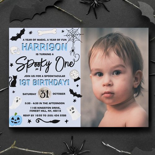 Spooky One Boys Halloween 1st Birthday Photo Invitation
