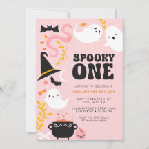 SPOOKY ONE Cute and Modern Pink Ghost Invitation