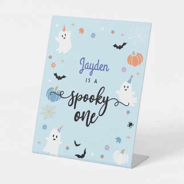 Spooky One Cute Blue Ghost Halloween 1st Birthday Pedestal Sign | Zazzle