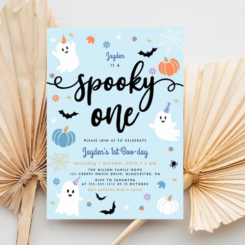 Spooky One Cute Ghost Blue Halloween 1st Birthday Invitation