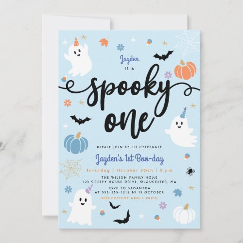 Spooky One Cute Ghost Blue Halloween 1st Birthday Invitation