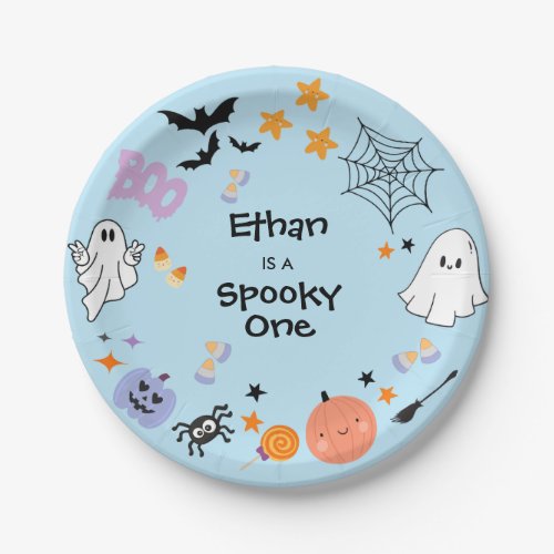 Spooky One Cute Ghost Blue Halloween 1st Birthday Paper Plates