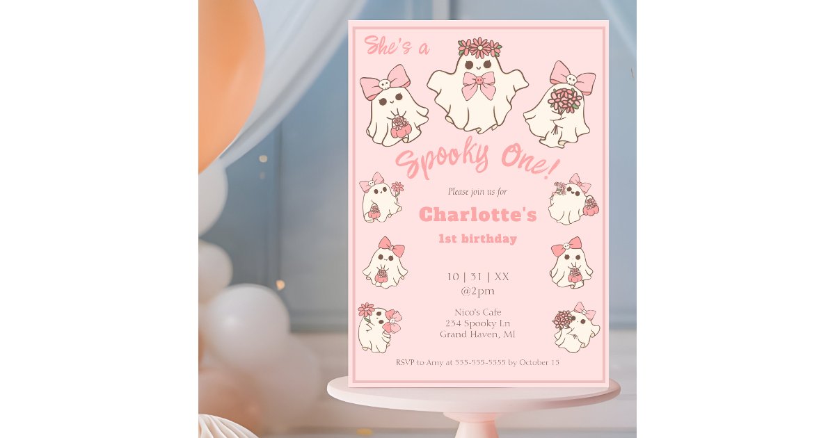Spooky One Cute Pink Ghost & Bows 1st Birthday Invitation | Zazzle