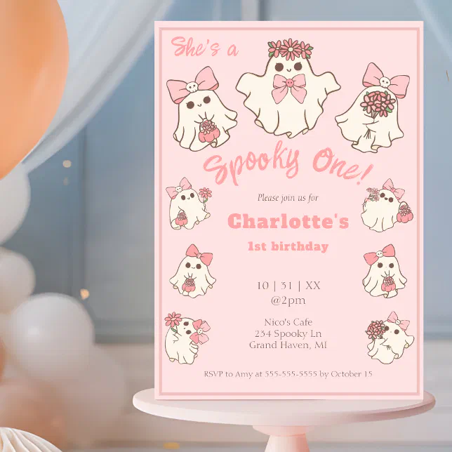Spooky One Cute Pink Ghost & Bows 1st Birthday Invitation | Zazzle