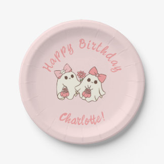 Spooky One Cute Pink Ghost & Bows 1st Birthday Paper Plates