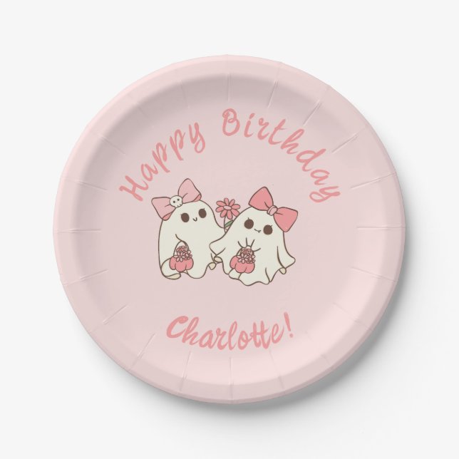 Spooky One Cute Pink Ghost & Bows 1st Birthday Paper Plates (Front)