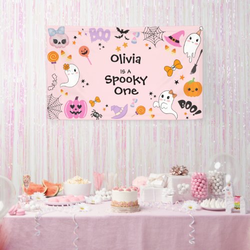 Spooky One Cute Pink Ghost Halloween 1st Birthday  Banner