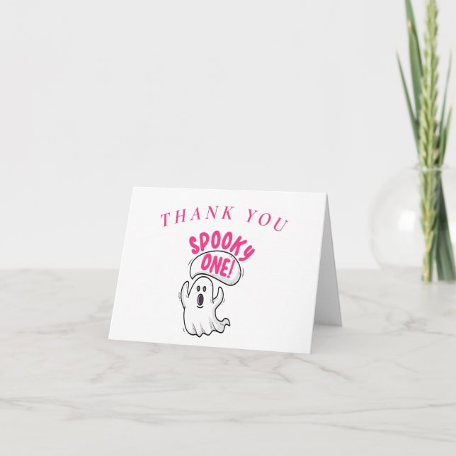 Spooky One Cute Pink Halloween Ghost 1st Birthday Thank You Card (Front)