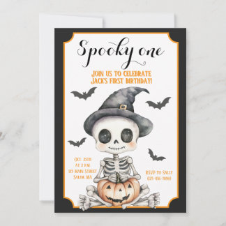Spooky One | Cute Skeleton Halloween 1st Birthday Invitation