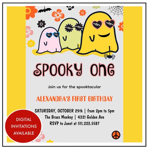 Spooky one Ghost Groovy Halloween 1st birthday Invitation