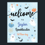 Spooky One Ghost Halloween 1st Birthday Welcome Poster<br><div class="desc">Spooky one cute ghost Halloween blue 1st birthday welcome poster. Modern Halloween-themed design for a spooky party! This birthday welcome board features spider's webs,  ghosts,  pumpkins,  bats,  spiders,  leaves,  corns,  stars and daisies. This welcome board is great for little boy's birthday parties!</div>