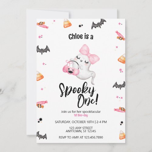 Spooky One Girl 1st Boo_Day Halloween Birthday Invitation